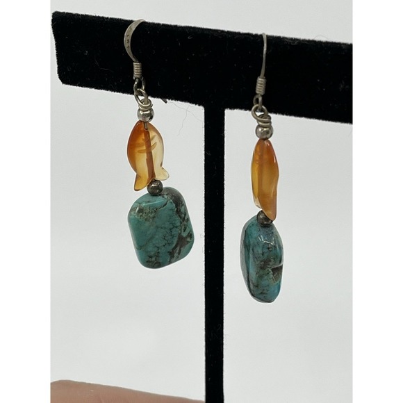 Lucite Fish & turquoise dangle earrings 2" Long Western Outdoors Aztec Country - Picture 6 of 7